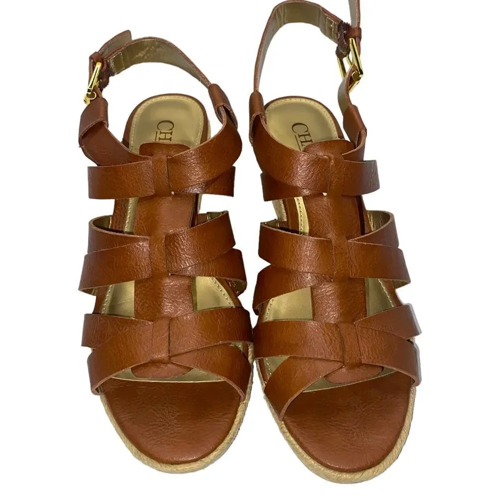 Chaps Dallyn Sz 7.5 Brown Faux Leather Open Toe Ankle Strap Wedge Sandals Shoes